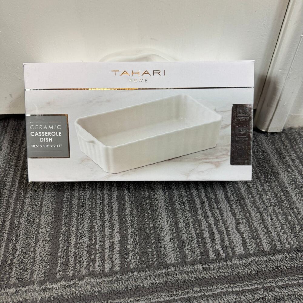 Tahari Home Ceramic Casserole Dish – 10.5” x 5.3” x 2.17” – White Stoneware